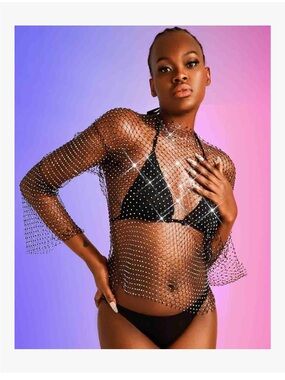 Rhinestone Mesh Crop Top - Silver Sparkle